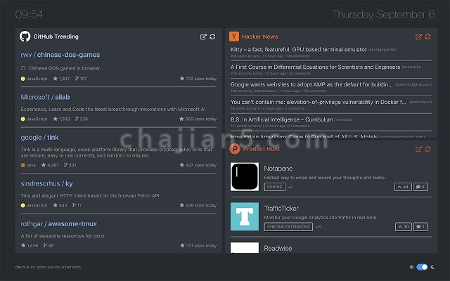 Devo展示GitHub Trending,、Hacker News、Product Hunt热点内容的新标签页