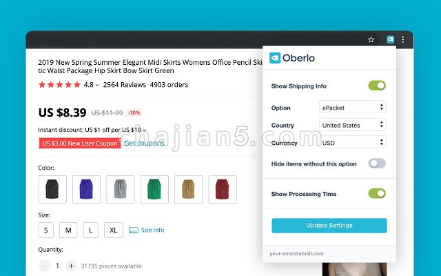 Oberlo - Aliexpress.com Product Importer一键把Aliexpress上的产品导入到我们的Shopify店铺