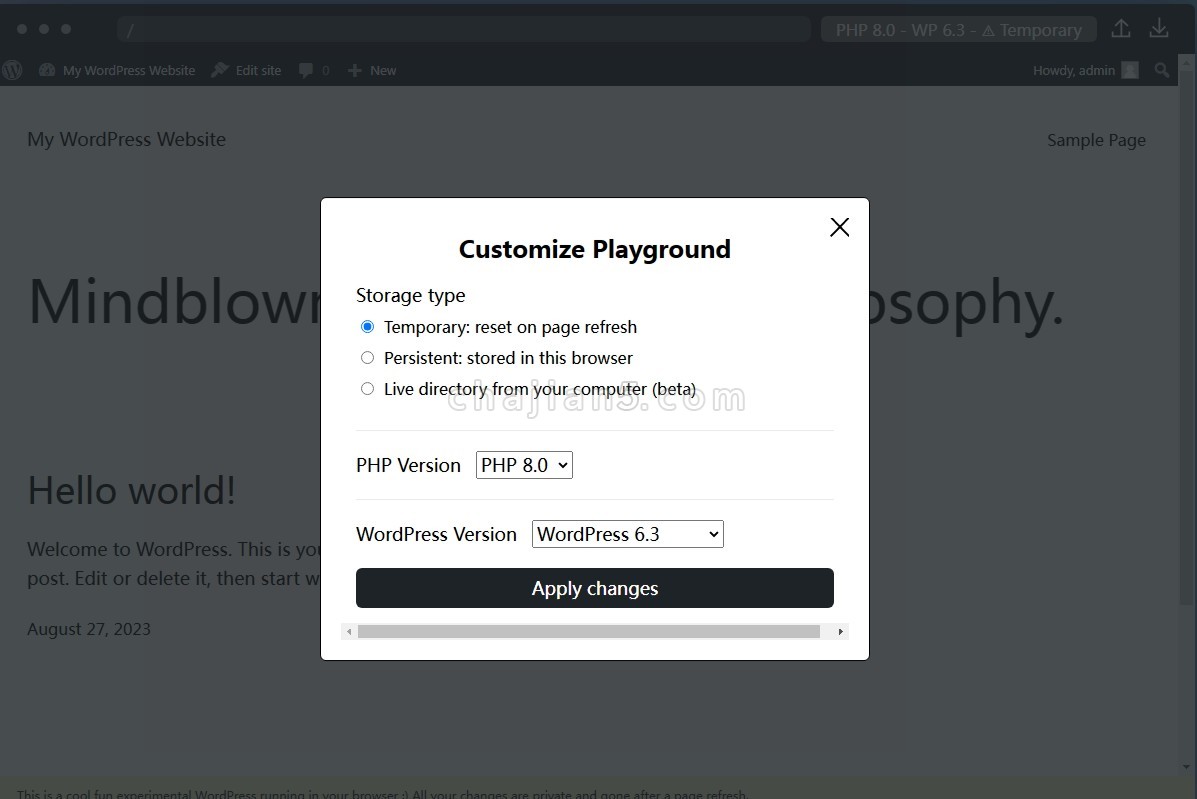 Open in WordPress playground v0.0.1.0（测试WordPress主题和插件的本地环境扩展）