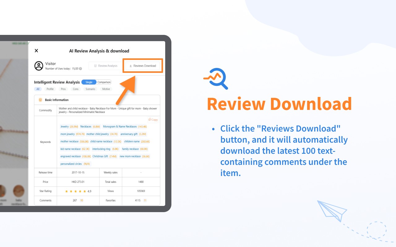 Etsy™ Ai Review Analysis & Download 款专为etsy卖家打造的etsy评论分析及下载工具